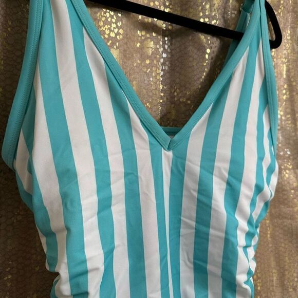 Kona Sol Aqua Teal Striped High Leg One Piece Swim Suit Size 14W - Picture 3 of 8